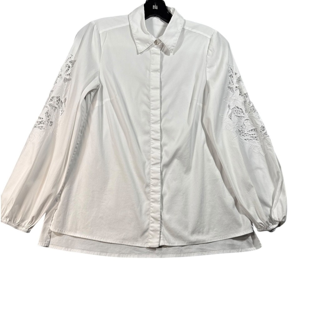 White Embroidered Lace Sleeve Button Front Blouse Women's Long Sleeve Top XS 0 - Picture 3 of 13